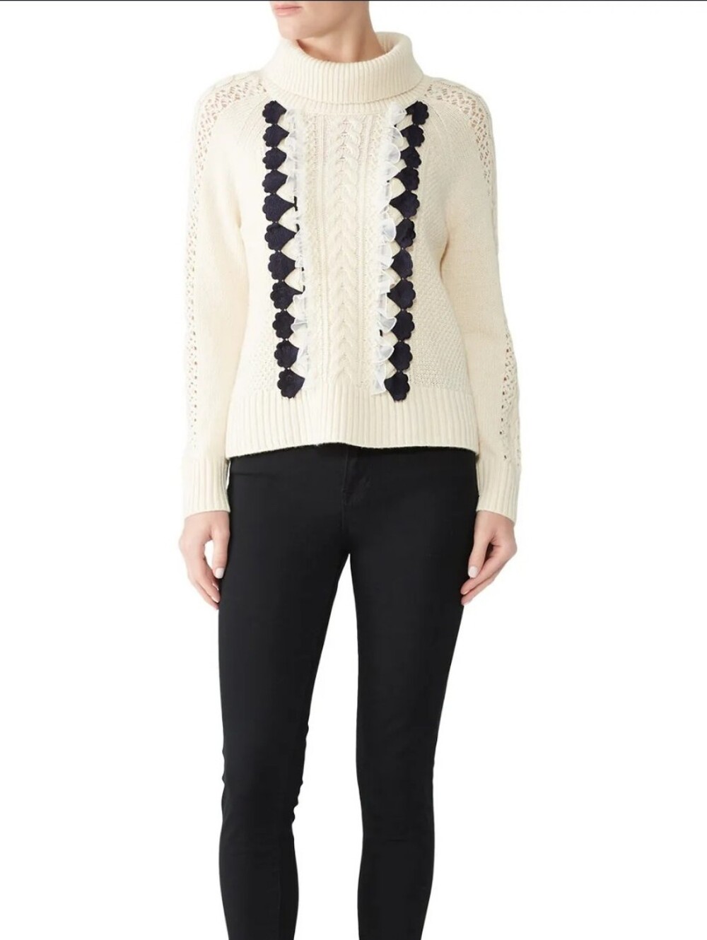 J. Crew Cream Cable Turtleneck Sweater with Black & Cream Ruffle Trim